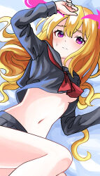 Rule 34 | 1girl, absurdres, bare arms, bare legs, bed sheet, black sailor collar, black serafuku, black shirt, black skirt, blonde hair, blush, breasts, closed mouth, hair between eyes, highres, kemuri (pixiv70547561), long hair, long sleeves, looking at viewer, lucifer (monster strike), lying, miniskirt, monster strike, navel, no bra, on side, pleated skirt, purple eyes, sailor collar, sailor shirt, school uniform, serafuku, shirt, skirt, small breasts, solo, underboob