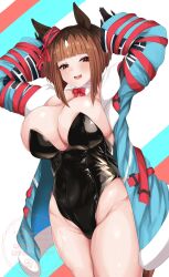 1girl animal_ears arms_up black_gloves black_leotard blue_coat blunt_bangs blush bob_cut bow bowtie breasts coat ear_ribbon feet_out_of_frame gloves highres hisagi_(hisagi00) huge_breasts leotard looking_at_viewer multicolored_hair open_clothes open_coat open_mouth rabbit_pose red_bow red_bowtie red_eyes red_ribbon ribbon roots_(hair) smile solo transcend_(umamusume) umamusume white_background