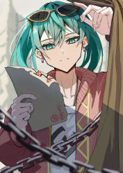 1girl absurdres aqua_hair asakara blurry blurry_background chain closed_mouth colored_eyelashes commentary depth_of_field earrings eyewear_on_head fingernails frown hair_between_eyes hatsune_miku highres holding holding_paper jacket jewelry looking_at_viewer open_clothes open_jacket paper print_shirt red_jacket shirt solo suna_no_wakusei_(vocaloid) sunglasses twintails vocaloid white_shirt