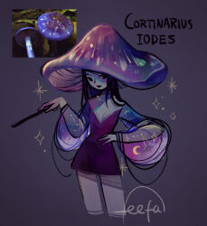 1girl black_hair breasts character_name cleavage commentary cortinarius_iodes_(feefal) crescent_moon dress english_commentary feefal glint gradient_hat highres holding holding_wand jewelry long_hair moon mushroom mushroom_girl mushroom_hat necklace object_and_personification original personification photo_inset purple_dress reference_inset see-through_clothes see-through_sleeves signature simple_background smile solo upper_body wand watermark