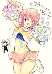 1girl bodypaint chaos;child cheerleader female_focus navel onoe_serika pink_hair red_eyes rotte_(1109) short_hair_with_long_locks sidelocks smile solo