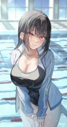 1girl black_hair black_one-piece_swimsuit blurry blurry_background breasts cleavage closed_mouth commentary_request cowboy_shot day depth_of_field ear_piercing earrings english_text engrish_text head_tilt highres jewelry large_breasts leaning_forward long_hair long_sleeves looking_at_viewer mole mole_under_eye multiple_earrings multiple_moles multiple_piercings one-piece_swimsuit original piercing pool popped_collar ranguage red_hair school_swimsuit shio_kouji_(shiokojii) sidelocks smile solo standing sunlight swimsuit swimsuit_under_clothes thighs tsurime water wet zipper_pull_tab