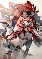 1girl animal_ears arknights black_shorts breasts commentary crop_top crossed_bangs dagger detached_sleeves dutch_angle extra_ears from_above highres knife large_breasts long_hair midriff narantuya_(arknights) navel parted_bangs red_eyes red_hair short_shorts shorts smile solo tarutaru_yamaoka very_long_hair weapon