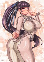 1girl ass ass_focus black_hair blunt_bangs bodysuit breasts brown_bodysuit brown_eyes commentary english_commentary eve_(stellar_blade) flatillustrator_khan highres large_breasts long_hair looking_at_viewer looking_back mechanical_spine ponytail skin_suit_(stellar_blade) skin_tight smile solo stellar_blade thighs turning_around two-tone_bodysuit very_long_hair