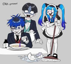 Rule 34 | 1girl, 2boys, alternate costume, amemiya darumi, apron, black hair, black jacket, black necktie, blue hair, bottle, bow, bowl, bowtie, broken glass, butler, earrings, enmaided, eye print, eyepatch, face piercing, facial mark, food, frills, furukawa (yomawari), glass, gloves, green bow, green bowtie, green vest, grey background, hair bow, heart, heart facial mark, highres, holding, holding bottle, holding mop, holding teapot, jacket, jewelry, labret piercing, long hair, looking at another, maid, maid apron, maid headdress, maruko gaku, mop, multicolored hair, multiple boys, necktie, nervous sweating, official alternate costume, omokage yugamu, piercing, pink eyes, plate, poison, print eyepatch, red vest, roots (hair), safety pin, scared, shirt, short hair, skirt, soup, sweat, sweatdrop, teapot, the hundred line -last defense academy-, thighhighs, twintails, vest, wet floor, white apron, white gloves, white shirt