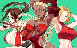 3girls armpits arms_behind_head blonde_hair blue_mary bodypaint braid braided_ponytail breasts cleavage covered_erect_nipples dark-skinned_female dark_skin dolores_(kof) dress female_focus glasses gold green_eyes hand_fan holding holding_fan huge_breasts japanese_clothes large_breasts long_hair looking_at_viewer multiple_girls negresco nipples one_eye_closed open_mouth panties ponytail round_eyewear shiranui_mai smile smiley_face strap_gap tank_top the_king_of_fighters tight_clothes underwear wink