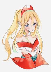 1girl arm_wrap blonde_hair blue_eyes blush breasts closed_mouth cocoa_s3 eyelashes hair_between_eyes hairband highres irida_(pokemon) jewelry long_hair neck_ring nintendo pearl_clan_outfit pokemon pokemon_legends:_arceus ponytail red_hairband red_shirt sash shirt solo strapless strapless_shirt upper_body waist_cape