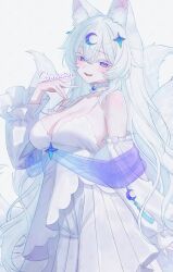 1girl absurdres animal_ears armpit_crease bare_shoulders blue_eyes breasts choker cleavage colored_eyelashes commission cowboy_shot crescent crescent_hair_ornament detached_sleeves dress fox_ears fox_girl fox_tail frilled_choker frills hair_ornament hand_up highres kitsune large_breasts long_hair long_sleeves looking_at_viewer multiple_tails mumu_muw open_mouth original pleated_dress sash sleeveless sleeveless_dress smile solo spaghetti_strap tail very_long_hair white_dress white_eyelashes white_hair