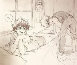 2boys all_might ass bad_tag bakudeku bakugou_katsuki barefoot bed bedroom blanket blush boku_no_hero_academia bones_(company) dressing feet freckles legs looking_at_another looking_back lying messy_hair midoriya_izuku multiple_boys nikkiyan on_bed on_stomach pants poster_(object) shirt shota shounen_jump smile soles spiked_hair toes traditional_media underwear yaoi