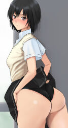 1girl amagami ass black_hair blush breasts brown_eyes clothes_lift commentary highleg highres indoors lifting_own_clothes looking_at_viewer looking_to_the_side nanasaki_ai parted_lips presenting presenting_ass school_uniform shadow short_hair skirt skirt_lift small_breasts swimsuit swimsuit_under_clothes thighs window yoo_tenchi