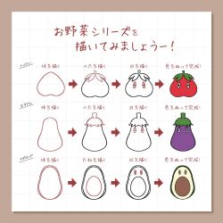 Rule 34 | arrow (symbol), avocado, avocado (love live!), avocado slice, border, brown border, character name, eggplant, food, grid background, link! like! love live!, love live!, matsurugi tsukasa, nasu-san (love live!), no humans, tomati (love live!), tomato, vegetable, white background