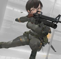 1girl absurdres aiming assault_rifle black_hair bodysuit breasts commission dynamic_pose gauntlets glasses grenade_launcher grey_bodysuit grey_eyes gun highres knife large_breasts m16 m16a1 original polilla rifle round_eyewear serious shell_casing shiny_clothes short_hair smoke_grenade solo underbarrel_grenade_launcher weapon xm148
