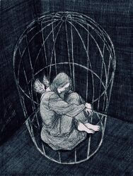 1girl black_background black_hair cage greyscale highres in_cage indoors long_hair mini_wings monochrome original sitting solo tally tp_p_pt wings