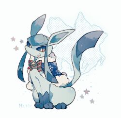 Rule 34 | akadako, animal focus, bags under eyes, blue capelet, blue hair, blue sclera, bowtie, capelet, clothed pokemon, colored sclera, full body, fur-trimmed capelet, fur trim, gen 4 pokemon, glaceon, grey outline, grin, happy, long hair, looking at viewer, nintendo, no humans, outline, pokedex number, pokemon, pokemon (creature), red bow, red bowtie, sharp teeth, sidelocks, sitting, smile, snowflake print, solo, star (symbol), teeth, white background, white eyes