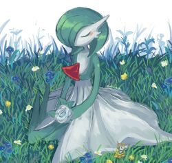 artist_name bob_cut closed_eyes colored_skin dietranch dress flabebe flabebe_(yellow_flower) flower gardevoir gen_3_pokemon gen_6_pokemon grass green_hair green_skin hair_over_one_eye highres multicolored_skin nintendo on_grass pokemon pokemon_(creature) sitting two-tone_skin white_dress white_flower white_skin