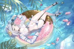 1girl afloat animal_ears arm_rest armor ball beachball bikini black_choker breasts can choker ear_covers from_above full_body green_eyes highres hishi_miracle_(umamusume) holding holding_removed_eyewear horse_ears horse_girl horse_tail innertube long_sleeves long_tail looking_at_viewer lying medium_breasts medium_hair navel on_back on_innertube open_clothes open_shirt pale_skin sandals sasa_fune shirt side-tie_bikini_bottom solo stomach sunglasses swim_ring swimsuit tail thigh_strap umamusume unworn_eyewear water white_shirt