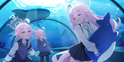 +_+ 1girl :d ^_^ ahoge blue_archive blue_eyes blue_necktie blue_skirt blue_sweater_vest closed_eyes collared_shirt commentary_request gya_(144) hair_between_eyes halo heterochromia highres holding holding_stuffed_toy hoshino_(blue_archive) hoshino_(first_year)_(blue_archive) long_hair long_sleeves multiple_views necktie open_mouth pink_hair pink_halo pleated_skirt shirt skirt smile stuffed_toy stuffed_whale sweater_vest very_long_hair whale white_shirt yellow_eyes