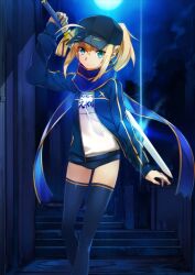 1girl ahoge arm_at_side artoria_pendragon_(fate) baseball_cap black_hat blonde_hair blue_background blue_buruma blue_eyes blue_jacket blue_scarf blue_thighhighs breasts bunbun buruma character_name closed_mouth clothes_writing excalibur_(fate/stay_night) fate/grand_order fate_(series) feet_out_of_frame glint gym_shirt hair_between_eyes hair_through_headwear hand_up hat holding holding_sword holding_weapon holding_weapon_behind_back jacket long_sleeves mysterious_heroine_x_(fate) mysterious_heroine_x_(second_ascension)_(fate) name_tag official_art open_clothes open_jacket ponytail scarf shirt sidelocks sleeves_past_wrists solo standing sword thighhighs third-party_source variant_set weapon white_shirt