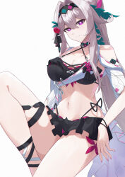 Rule 34 | 1girl, absurdres, bare shoulders, bikini, black bikini, black hairband, black skirt, breasts, cleavage, closed mouth, collarbone, commentary, fingernails, frilled bikini, frills, grey hair, hair intakes, hair ornament, hairband, highres, honkai (series), honkai impact 3rd, large breasts, lilin (pixiv 25958194), long hair, miniskirt, nail polish, navel, official alternate costume, pink nails, purple eyes, simple background, skirt, smile, solo, stomach, swimsuit, thelema nutriscu, thighs, very long hair, white background