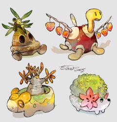Rule 34 | 2025, absurdres, artist name, bonsly, flower, flower pot, full body, gen 2 pokemon, gen 3 pokemon, gen 4 pokemon, green eyes, hedgehog, highres, leaf, legendary pokemon, mythical pokemon, nintendo, no humans, numel, object focus, open mouth, pink flower, pokemon, pokemon (creature), shadow, shaymin, shell, shuckle, simple background, sitting, sukepmonster, tentacles, tree, white background