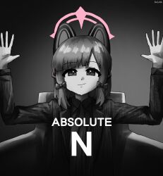 Rule 34 | 1girl, absolute cinema (meme), absurdres, animal ear headphones, animal ears, artist name, blue archive, cat ear headphones, cat ears, closed mouth, collared shirt, commentary, fake animal ears, greyscale, hands up, headphones, highres, kai xin, long sleeves, looking at viewer, low-tied sidelocks, meme, momoi (blue archive), monochrome, racist momoi (meme), shirt, short hair, sidelocks, signature, solo, spot color, symbol-only commentary