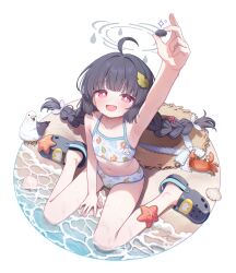 1girl :d absurdres ahoge animal arm_up bare_arms bare_legs bare_shoulders beach bikini bird black_hair blue_archive blush braid clam_shell commentary_request crab crocs flat_chest full_body grey_halo halo hat highres holding holding_rock kohaku_rinne leaf leaf_on_head leaf_print loli long_hair looking_at_viewer miyu_(blue_archive) miyu_(swimsuit)_(blue_archive) navel ocean official_alternate_costume open_mouth pebble print_bikini red_eyes rock sand seagull seashell shell sitting smile starfish straw_hat swimsuit twin_braids unworn_hat unworn_headwear wariza water white_bikini