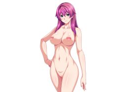 1girl aqua_eyes breasts censored collarbone completely_nude cowboy_shot frown game_cg gentle_sasaki hand_on_own_hip large_breasts long_hair looking_at_viewer mosaic_censoring navel nipples non-web_source nude official_art pink_hair purple_hair pussy shindou_hatsune solo soukou_senki_prism_reica transparent_background