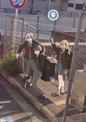 Rule 34 | 1boy, 2girls, absurdres, ahoge, alternate costume, black cardigan, black footwear, black hair, black jacket, black thighhighs, blonde hair, braid, braided ponytail, brown footwear, cardigan, character doll, closed eyes, collared shirt, commentary request, doll, double v, fate/grand order, fate (series), fou (fate), fujimaru ritsuka (male), google street view, grey hair, grey pants, grey skirt, high school girls posing for google street view (meme), highres, jacket, jeanne d&#039;arc (fate), jeanne d&#039;arc alter (fate), long hair, long sleeves, meme, miyamoto musashi (fate), multiple girls, necktie, nonoitou110, official alternate costume, open clothes, open mouth, pants, photo-referenced, pleated skirt, red necktie, school uniform, shirt, shoes, short hair, skirt, smile, standing, standing on one leg, thighhighs, v, white shirt