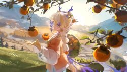 1girl 6+others alternate_costume alternate_hairstyle arknights bird blonde_hair blue_eyes blue_hair blue_skirt blue_sky dragon_horns dragon_tail dress food fruit grass grey_hair hair_ornament highres horns mountain multiple_others persimmon pointy_ears shu_(arknights) skirt sky solo standing tail twilight upper_body xianyu_guguzi