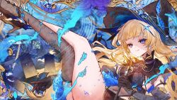 1girl alternate_costume black_gloves black_hat black_thighhighs blonde_hair breasts closed_mouth commentary crossed_legs gloves hat highres holding holding_staff legs_up long_hair looking_at_viewer lt26 medium_breasts phoebe_(wuthering_waves) single_thighhigh smile solo staff symbol-only_commentary thighhighs thighs witch_hat wuthering_waves