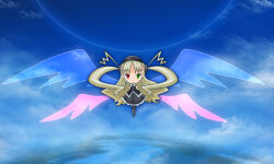 1girl black_shirt black_skirt blonde_hair chibi chibi_only commentary_request green_eyes hairstyle_request headphones heterochromia long_hair looking_at_viewer original os-tan personification red_eyes sato_(esuplusesu) shirt skirt sky solo very_long_hair vista-tan wings