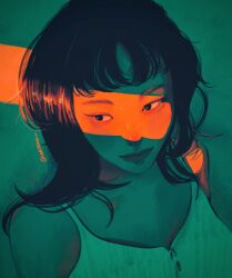 1girl aegyo_sal aqua_theme bare_shoulders black_eyes black_hair closed_mouth crack_of_light highres instagram_username leessuu light_blush long_hair looking_to_the_side orange_light orange_theme original portrait shirt simple_background solo white_shirt