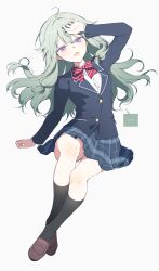 1girl absurdres ahoge arm_up black_jacket black_socks blazer blue_skirt blush bow bowtie collared_shirt full_body green_hair highres jacket kneehighs kusanagi_nene loafers long_hair long_sleeves looking_at_viewer lying mikan_(migwang) open_mouth plaid_clothes plaid_skirt pleated_skirt project_sekai purple_eyes red_bow red_bowtie school_uniform shirt shoes simple_background skirt socks solo white_background white_shirt
