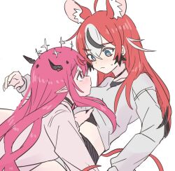 2girls animal_ears black_hair black_shorts blue_eyes blush closed_mouth ear_blush grey_sweater hakos_baelz halo hand_under_clothes hand_under_shirt hololive hololive_english horns irys_(hololive) long_hair long_sleeves looking_at_another mouse_ears mouse_girl mouse_tail multicolored_hair multiple_girls pink_hair pointy_ears ramphastostella red_hair shirt shorts simple_background streaked_hair sweater tail white_background white_hair yuri