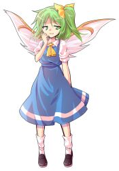 1girl alphes_(style) ascot bow commentary_request dairi daiyousei fairy_wings full_body green_eyes green_hair hair_bow large_variant_set long_hair looking_to_the_side open_mouth parody puffy_short_sleeves puffy_sleeves shirt shoes short_sleeves side_ponytail skirt skirt_set socks solo standing style_parody tachi-e touhou transparent_background variant_set white_shirt wings yellow_ascot