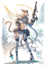 1girl animal_ears artist_name blonde_hair blue_eyes blue_shorts boots breasts cat_ears cat_girl cat_tail choker cleavage cropped_jacket dated facial_mark final_fantasy final_fantasy_xiv goggles goggles_on_head gun highres holding holding_gun holding_weapon jacket looking_at_viewer machinist_(final_fantasy) midriff miqo&#039;te navel shorts shukei signature solo tail thigh_boots warrior_of_light_(ff14) weapon whisker_markings white_jacket