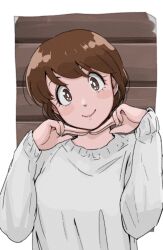 blush brown_background brown_eyes brown_hair fingers_on_chin hands_up highres long_sleeves maison_ikkoku nanao_kozue poppowerhearts short_hair sweater white_sweater