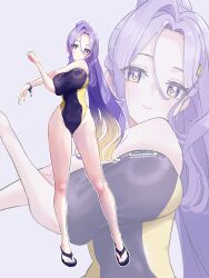 1girl absurdres bilingual_commentary blonde_hair bracelet closed_mouth commentary competition_swimsuit covered_navel cross-body_stretch english_commentary fueppu full_body gluteal_fold gradient_eyes gradient_hair highleg highleg_one-piece_swimsuit highres hololive hololive_indonesia jewelry light_smile long_hair looking_at_viewer mixed-language_commentary moona_hoshinova multicolored_eyes multicolored_hair one-piece_swimsuit outstretched_arm purple_eyes purple_hair purple_one-piece_swimsuit slippers smile solo swimsuit two-tone_hair very_long_hair virtual_youtuber yellow_eyes zoom_layer