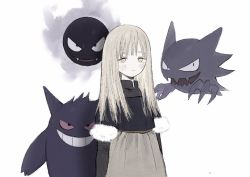 1girl aged_down blonde_hair blunt_bangs blush creatures_(company) crossover dress dungeon_meshi evolutionary_line falin_touden falin_touden_(tallman) frs2 fur_trim game_freak gastly gen_1_pokemon gengar haunter long_sleeves looking_at_viewer nintendo pokemon pokemon_(creature) simple_background smile tareme white_background yellow_eyes