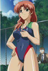 00s 1boy 1girl against_fence anime_screenshot aqua_eyes blue_one-piece_swimsuit breasts brown_hair bush chain-link_fence cloud competition_swimsuit covered_navel cowboy_shot day fence formal_clothes glasses green_eyes hair_over_shoulder hand_on_own_hip highleg highleg_one-piece_swimsuit hip_focus holding jewelry kijima_mayumi large_breasts light_smile long_hair looking_afar mejoku mejoku~fukushuu_gakuen~ necklace necktie one-piece_swimsuit opaque_glasses orange_hair outdoors parted_bangs peeking plant ponytail red_hair saruwatari_joutarou scrunchie shiny_skin short_hair sky smile solo_focus standing suit swimsuit teacher tree watching whistle