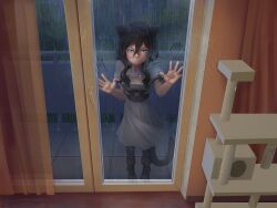 &gt;:( 1girl :i absurdres against_glass angry animal_ears anyxdoesarts armor black_hair blue_eyes boots breastplate cat_ears cat_girl cat_tail cat_tower dress fran_(tensei_shitara_ken_deshita) from_inside glass_door glass_writing hand_on_glass highres looking_inside pout puffy_short_sleeves puffy_sleeves rain short_hair_with_long_locks short_sleeves standing_in_rain tail tensei_shitara_ken_deshita v-shaped_eyebrows white_dress