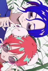 1boy 1girl amate_yuzuriha aqua_eyes blue_hair bun_cover chinese_clothes colored_inner_hair commentary_request double_bun euph0ria_105 grid_background gundam gundam_gquuuuuux hair_bun half-closed_eyes highres looking_at_another looking_at_viewer multicolored_hair open_mouth plant poking ponytail purple_hair red_eyes red_hair short_hair shuji_ito sideways smile sunglasses two-tone_hair white_background