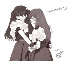 2girls 4th_live_dream_~bloom_the_dream_believers~ animification basil_(wgh0anzdple3asf) blush closed_eyes commentary greyscale grin hasu_no_sora_school_uniform highres holding holding_another&#039;s_wrist holding_microphone kan_kanna link!_like!_love_live! long_hair love_live! mahara_jamboree_ii microphone mira-cra_park! monochrome multiple_girls pleated_skirt profile real_life school_uniform shirt shirt_flower short_sleeves skirt smile song_name t-shirt tsukine_kona twintails two_side_up u_u voice_actor winter_uniform yuri