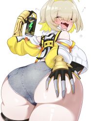 1girl ahoge aobaryuu ass ass_focus bare_shoulders blonde_hair blush breasts closed_eyes come_hither deep_skin drunk elegg_(nikke) fang fingerless_gloves from_behind gloves goddess_of_victory:_nikke grabbing_own_ass grey_hair hair_over_eyes highres huge_ass large_breasts multicolored_hair open_mouth short_hair short_shorts shorts sideboob skin_fang smile solo thick_thighs thighs