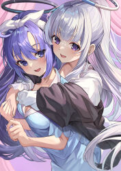 2girls black_halo black_shawl blue_archive blue_eyes blue_hair blue_pajamas blue_shirt blush body_writing bow_hairband breasts commentary_request curtains dress grabbing_from_behind grey_hair hairband halo highres hug hug_from_behind long_hair long_sleeves looking_at_viewer mechanical_halo medium_breasts multiple_girls nightgown noa_(blue_archive) noa_(pajamas)_(blue_archive) official_alternate_hairstyle one_eye_closed open_mouth pajamas ponytail purple_eyes shawl shirt short_sleeves smile suidou_chaahan swept_bangs very_long_hair white_dress white_hairband white_halo white_nightgown white_pajamas yuuka_(blue_archive) yuuka_(pajamas)_(blue_archive)