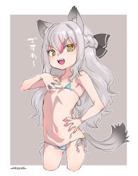 Rule 34 | 1girl, animal ear fluff, animal ears, bikini, blue bikini, border, bow, braid, cat ears, cat girl, cat tail, cowboy shot, cropped legs, fang, flat chest, french braid, grey background, grey hair, hair between eyes, hair bow, hand on own chest, highres, long hair, looking at viewer, micro bikini, mudou eichi, multicolored hair, open mouth, original, pink hair, side-tie bikini bottom, slit pupils, smile, smug, solo, streaked hair, swimsuit, tail, teeth, two-tone hair, upper teeth only, white border, yellow eyes