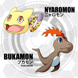 Rule 34 | blue eyes, cat, circle, d sandy, digimon, digimon (creature), digimon adventure, fang, highres, nyaromon, pukamon, sharp teeth, tail, teeth