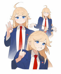 Rule 34 | 1girl, abbystea, ahoge, american flag, blonde hair, blue eyes, blue jacket, blue pants, closed mouth, collared shirt, commentary, cropped torso, crossdressing, donald trump, genderswap, genderswap (mtf), index finger raised, jacket, long hair, looking at viewer, multiple views, necktie, ok sign, open clothes, open jacket, pants, parted lips, photo-referenced, real life, red necktie, shirt, simple background, smug, symbol-only commentary, teeth, very long hair, white background, white shirt