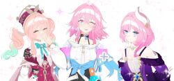Rule 34 | 3girls, ;p, absurdres, bare shoulders, black skirt, blue eyes, breasts, camera, cleavage, coat, commentary, cyrene (honkai: star rail), dress, drill hair, english commentary, hair ornament, hat, highres, honkai: star rail, honkai (series), hyacine (honkai: star rail), jewelry, long hair, march 7th (honkai: star rail), march 7th (preservation) (honkai: star rail), medium breasts, medium hair, multicolored hair, multiple girls, necklace, one eye closed, pink hair, purple coat, pyuuni, red dress, red hat, shirt, simple background, skirt, small breasts, smile, tongue, tongue out, twin drills, twintails, two-tone hair, upper body, white background, white dress, white hair, white shirt