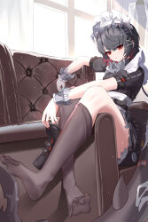 1girl absurdres aichinaigai apron asymmetrical_legwear belt black_belt black_dress black_hair brown_socks brown_thighhighs chain colored_inner_hair couch crossed_ankles crossed_bangs cuffs curtains dress elbow_rest ellen_joe eyeliner fins fish_tail frilled_dress frills hair_between_eyes hair_ornament hairband hairclip head_tilt high_heels highres holding holding_shoes holding_unworn_clothes indoors kneehighs light_frown light_particles light_rays looking_at_viewer maid maid_apron maid_headdress makeup medium_hair metal_hairband mole mole_under_eye multicolored_hair no_shoes on_couch puffy_short_sleeves puffy_sleeves red_eyeliner red_eyes red_hair red_nails shark_tail shoes short_sleeves sidelocks single_sock single_thighhigh sitting_sideways socks solo sunbeam sunlight tail thighhighs tsurime two-tone_hair uneven_legwear unworn_shoes white_apron window x_hair_ornament zenless_zone_zero